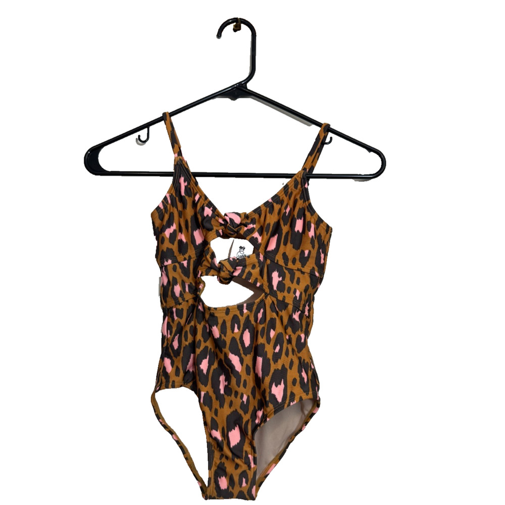 Art Class Girls Leopard Print One Piece Swimsuit Size M 8 Cutout Knot Front NEW